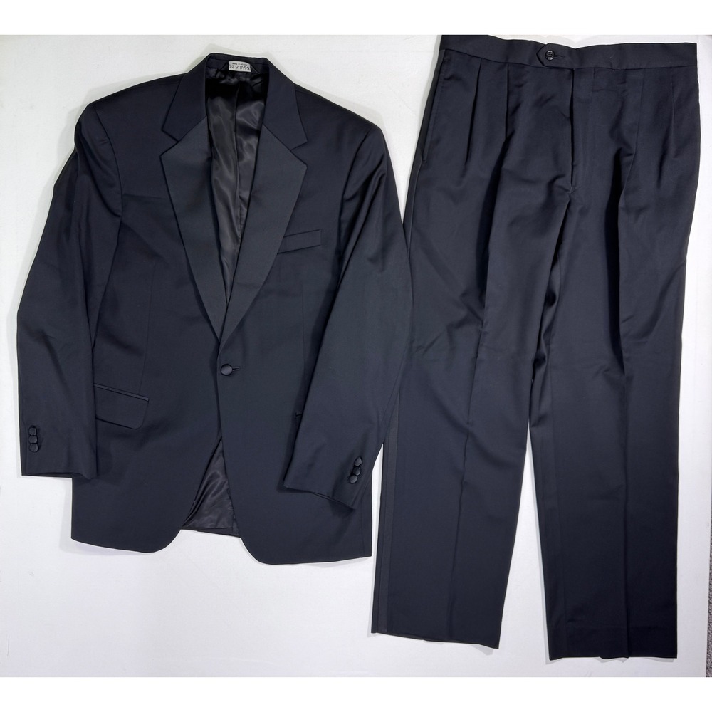 Jos A Bank 2 Piece Tuxedo Men's 40R 33x29 Black Wool Pleated Satin Stripe
